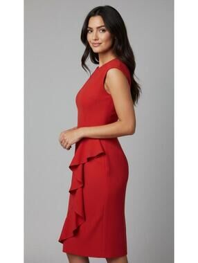 Fehaute Red Midi Dress with Cowl Neck and Peplum Ruffle, US Size 2, New with Tag